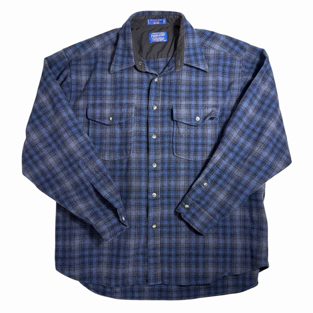 Pendleton Outdoor Shirt Mens XL Blue Shadow Plaid 100% Virgin Wool Flannel